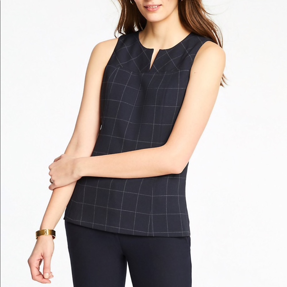 Ann Taylor Windowpane Split Neck Shell